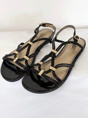 LIFESTRIDE FLIRT Black Patent Strappy Sandals Size 10W Soft System Gold Tone